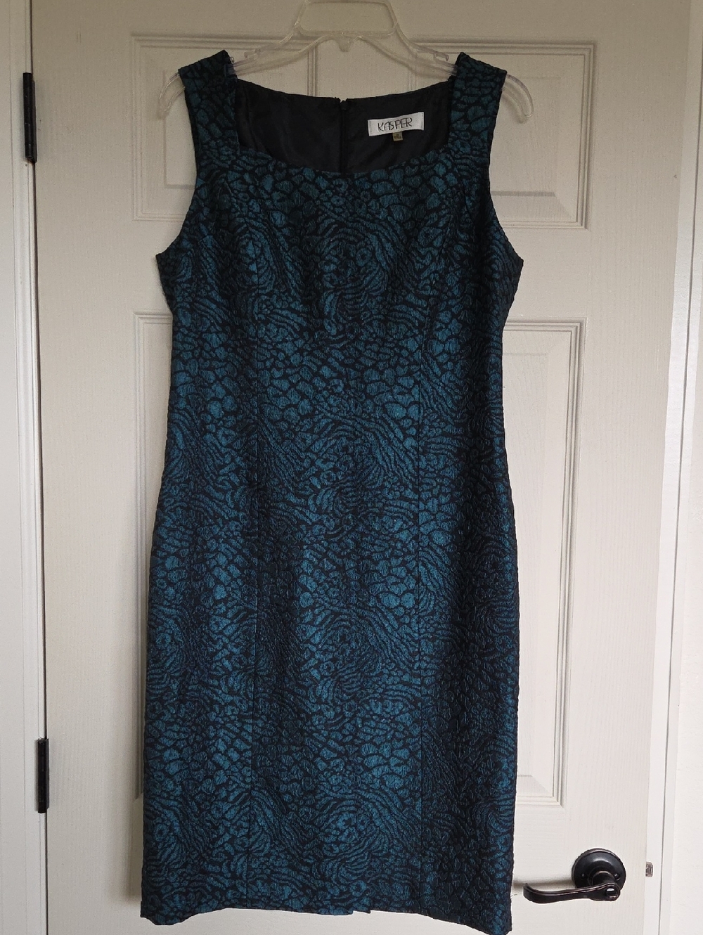 Kasper Teal and Black Jacquard Midi Sheath Dress